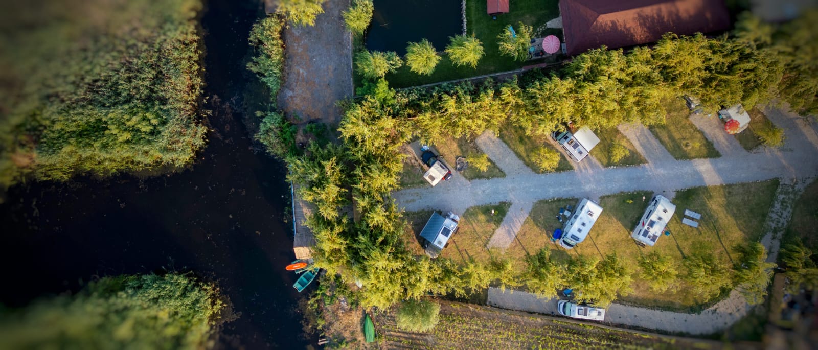 Aerial view of the campsite along the delta channel