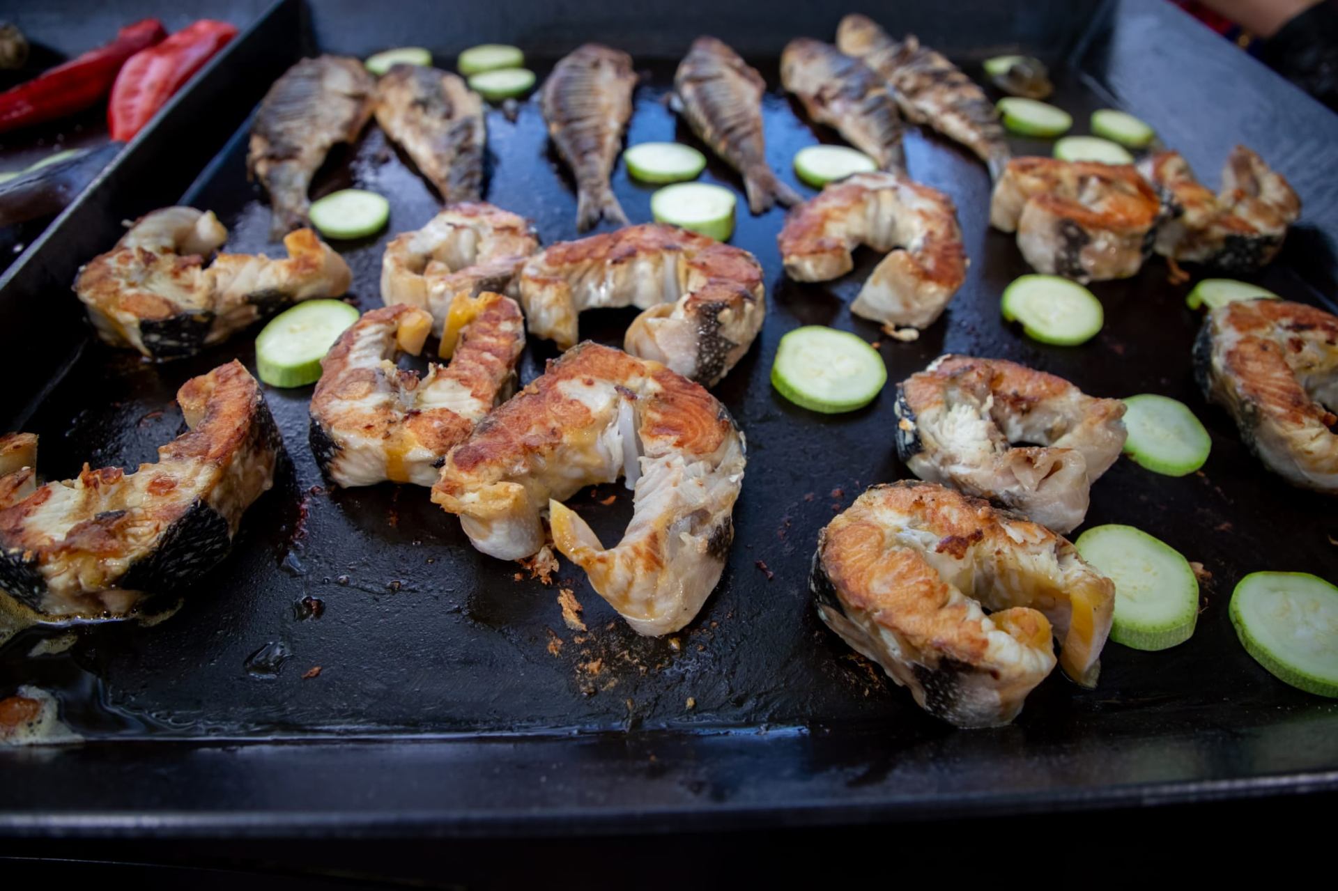 Grilled fish and zucchini on the plancha